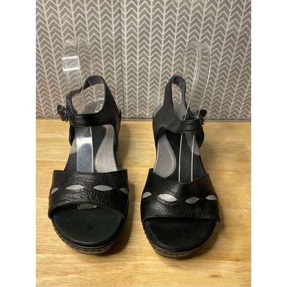 Ariat 'Sandy'  Black Gray Leather Wedge Heels Sandals Slingback - Picture 6 of 10